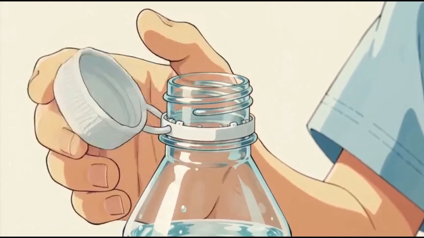 Primer plano de una mano abriendo una botella de plástico con una tapa blanca unida al cuello por un hilo.
