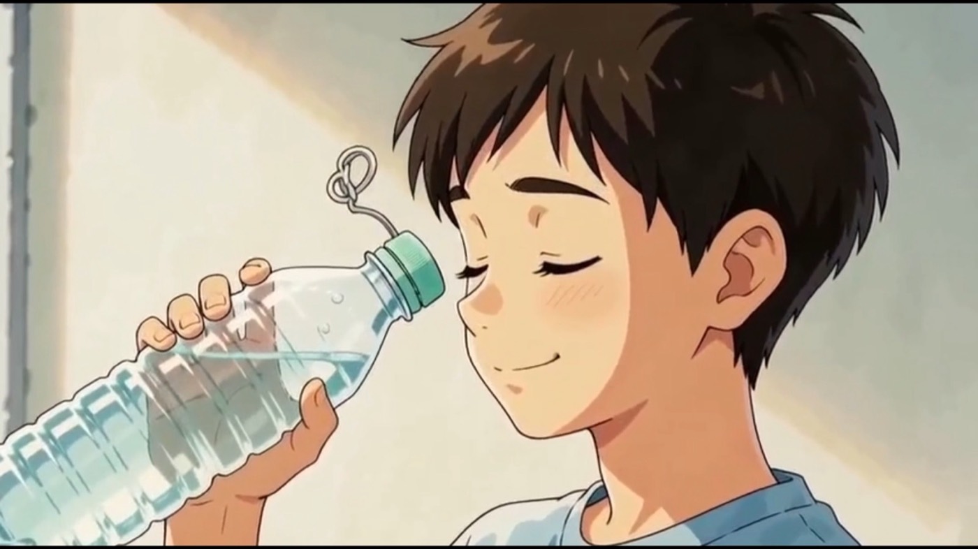 Un niño bebe de una botella de agua mientras la tapa blanca cuelga de su hilo.