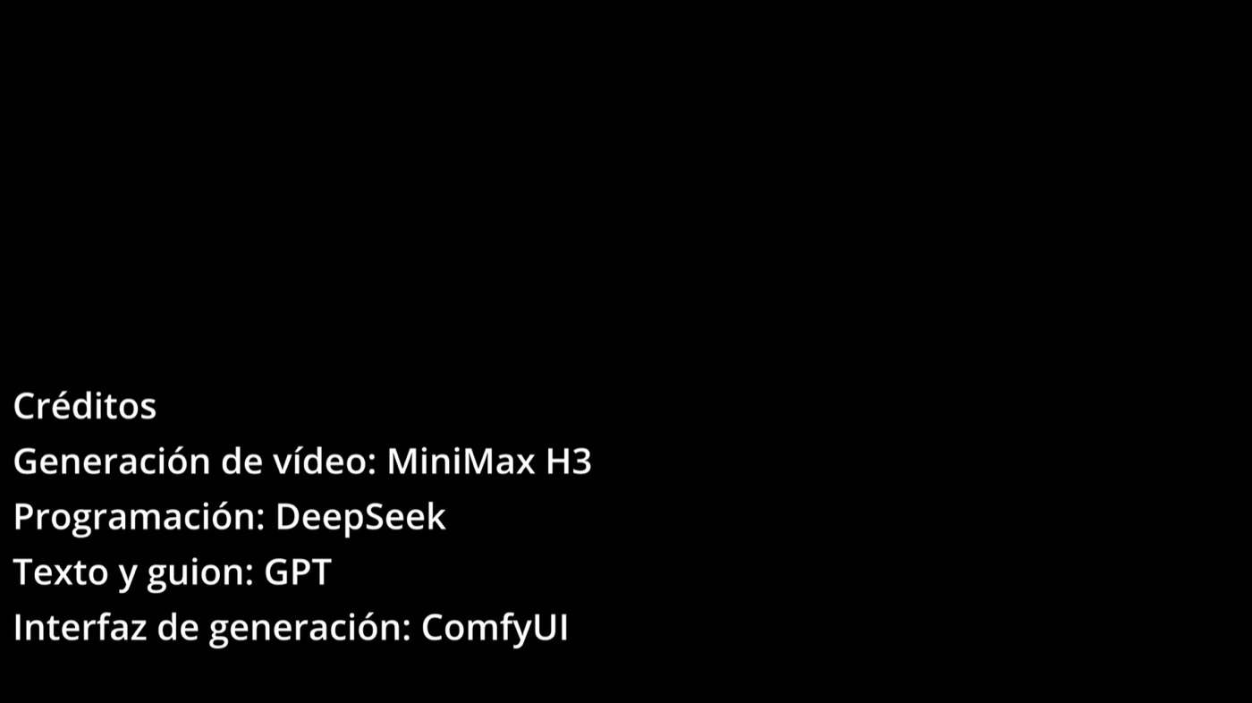 Fotograma de los créditos de la película: generación de vídeo MiniMax H3, programación DeepSeek, texto y guion GPT, interfaz ComfyUI.